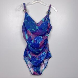 Jaclyn Smith tropical palm print ruched surplice front 1 piece swimsuit, size 8.
